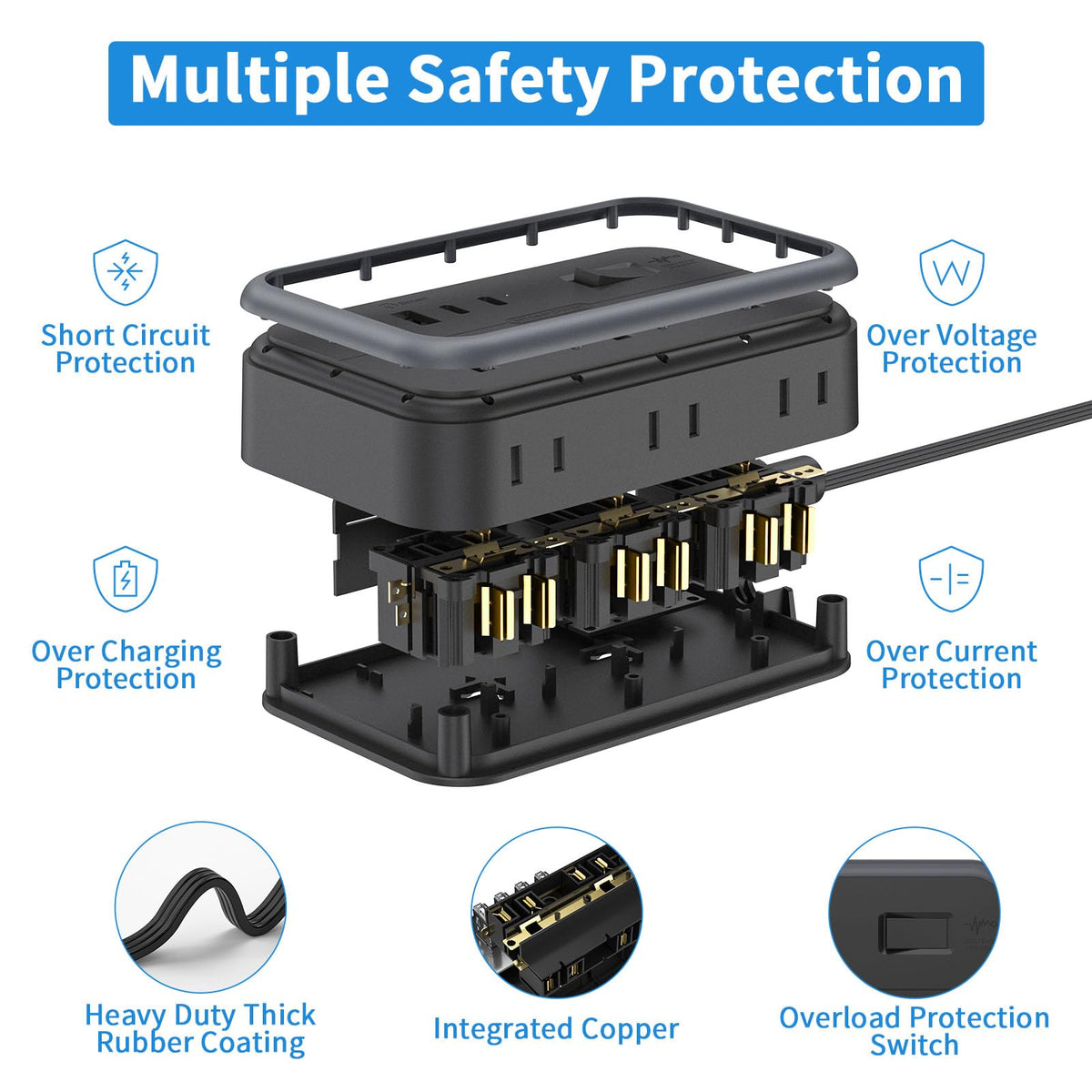 NTONPOWER Surge Protector Power Strip with 6 Outlets 4 USB Charging Station(2 USB C Port), 5 Ft Flat Extension Cord, Outlet Extender for Indoor, Home, Office Supplies, Dorm Room Essentials, Black