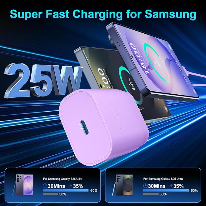Super Fast Charger Type C 25W USB C Wall Charger Fast Charging for Samsung Galaxy S26 Ultra/S26/S26+/S25 Ultra/S25/24 Ultra/S24/S23 Ultra/S22 Ultra with 10FT Long Android Type C Charger Cable 2Pack