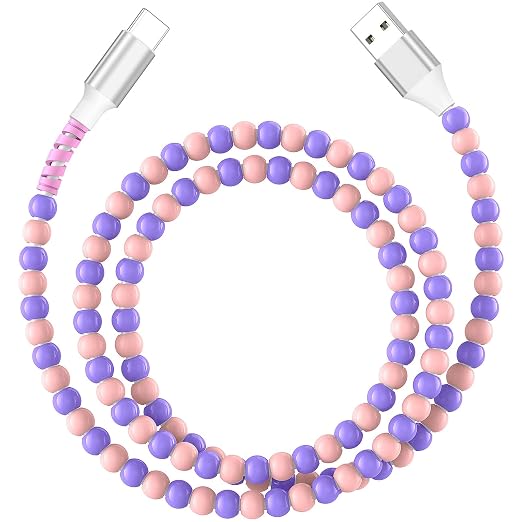 Jelanry 3FT USB-A to USB-C Fast Charging Cable Beaded &ampData Sync Women Girl | Cute kawaii beaded cable for iPhone 17/16/15 Samsung S26/S25/S24 Pixel iPad Fast charge for daily use office &amp tra
