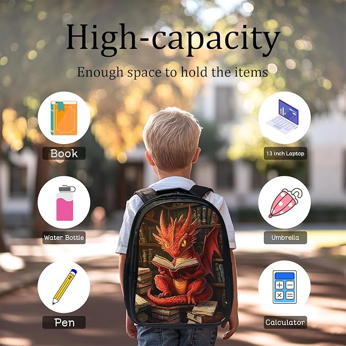 Dragon Backpack Set 3 Piece School Bags and Lunch Box with Pencil Case Funny Dragon Reading Bookbag Set for Toddler Kids Girls Boys Teens Kindergarten Elementary Middle