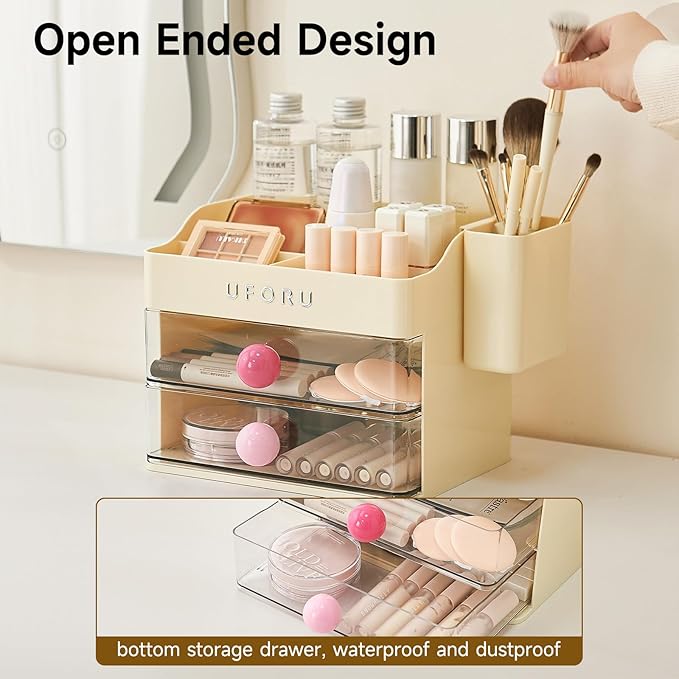 Makeup Organizer for Vanity with Brush Holder, Countertop Organizer with 2 Drawers, Spacious Cosmetic Display Case for Beauty Essential, Skincare, Lipstick