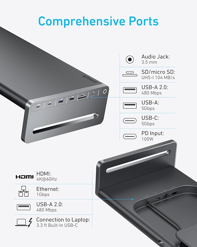 Anker USB C Hub, 10-in-1 Aluminum Monitor Stand with 100W PD, 5Gbps USB Ports, 4K@60Hz HDMI Display, Built-in 3.3 ft Cable, Clutter-Free Desk for MacBook, Dell, and Full-Function USBC Devices