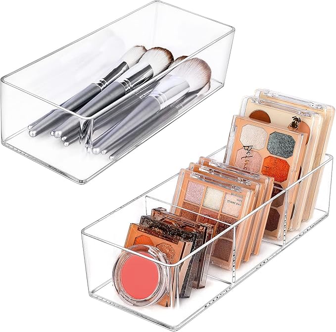 JessLab Acrylic Organizer, 2PK Cube Sections Makeup Organizer for Drawer, Makeup Organizer for Vanity, Countertop, Bathroom, Kitchen and Cabinet Storage(1+3 Compartment)