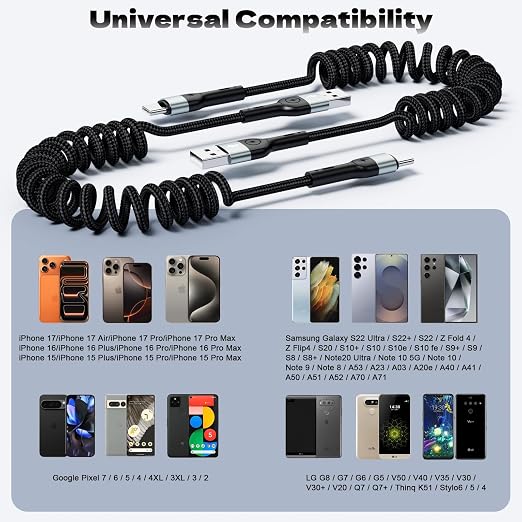 USB A to USB C Cable【2-Pack 4FT】 Coiled Retractable Spring Cord Fast Charging for Apple CarPlay Compatible with iPhone 17 16 15 Samsung Galaxy Google Pixel LG