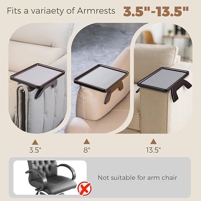 Couch Armrest Table, Foldable Bamboo Sofa Arm Tray for Couch with a Non-Slip Pad, Clip On Couch Arm Table for Remotes/Eatting/Drinks, Fits Sofa Armrest 3.5"-13.5" Brown