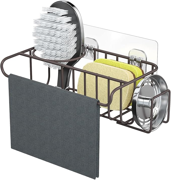 HapiRm 4 in 1 Adhesive Kitchen Sink Organizer, SUS304 Stainless Steel Brush Holder + Dish Cloth Hanger + Soap Rack + Sink Stopper Holder, No Drilling Sponge Caddy for Kitchen - Bronze