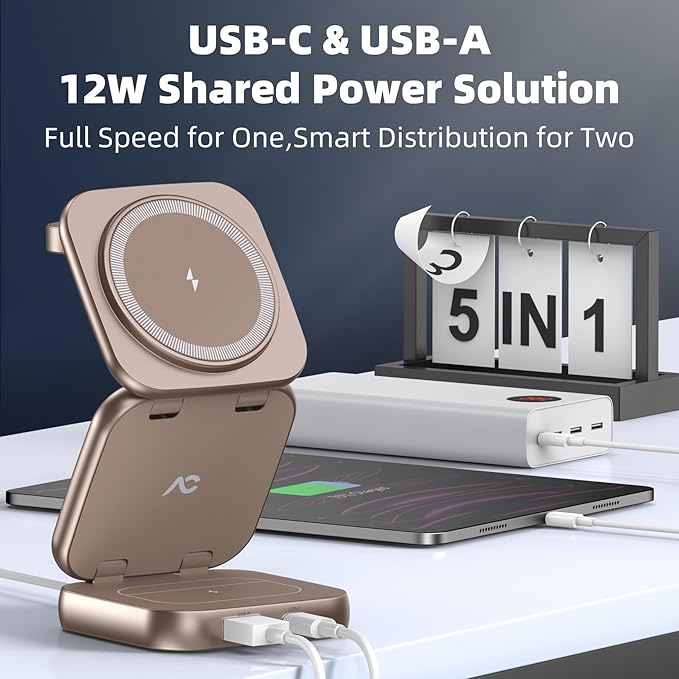 5-in-1 Wireless Charger for MagSafe, AC ISLAND Portable Travel Charging Station, 15W Max Fast Foldable Magnetic Stand, Evolved for iPhone 16/15/14/13 Series, Apple Watch, AirPods (with 35W Adapter)