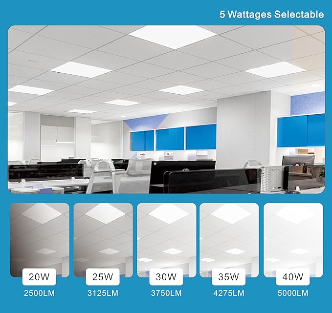 2x2 FT LED Light Flat Panel, 20/25/30/35/40W, 5 Color Temps 3K/3.5K/4K/5K/6.5K, Dimmable Recessed Drop Ceiling Lights, 2500-5000 Lumens, Lay in Fixture for Office, 120-277V, ETL DLC(6 Pack)
