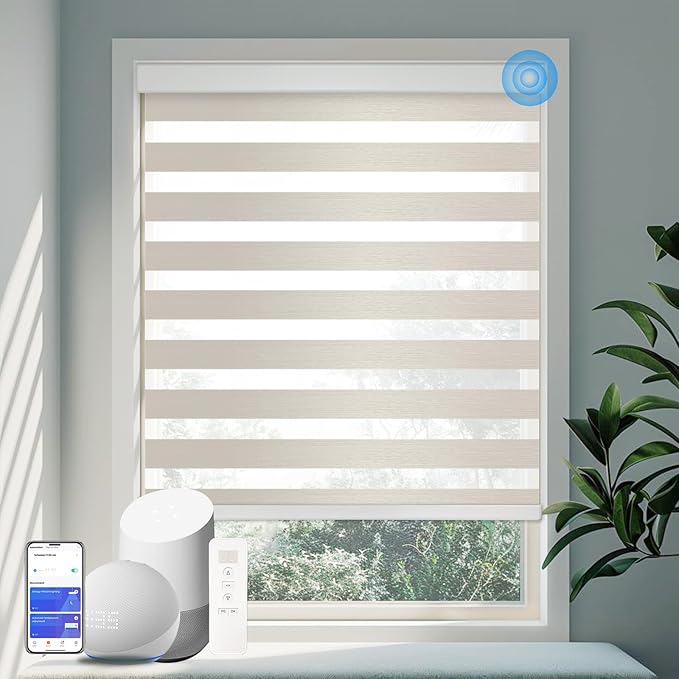 COOLWINDS Motorized Zebra Blinds for Windows Cordless Electric Curtains with Remote Control Blackout Shades Custom Smart Blinds Compatible with Alexa Google Home(Light Filtering Beige,W48 X 72in)