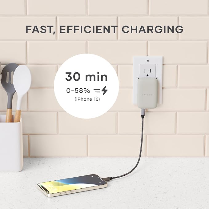 Satechi OntheGo 67W GaN Wall Charger PD 3.0 + PPS Dual USB-C Ports Black | Dual USB-C ports 45W+20W split-charging mode fits MacBook iPad iPhone 17 Galaxy Pixel Steam Deck