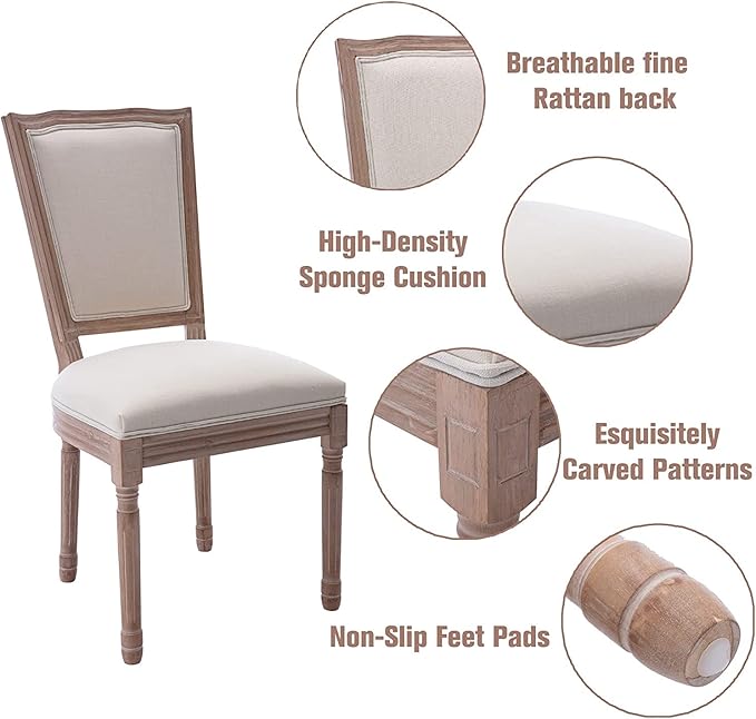 Nrizc Farmhouse Dining Room Chairs Set of 4, French Dining Chairs with Square Back, Brown Wood Legs, French Bistro Chairs for Dining Room/Living Room/Kitchen/Restaurant, Beige