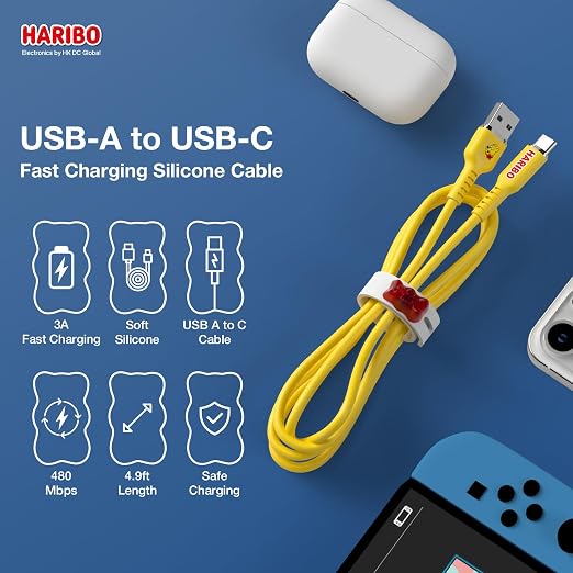 Haribo USB C to USB A Cable (2 Pack 4.9ft) Fast Charging Soft Silicone USB 2.0 Gummy Bear Style Charging Cords for iPhone 15/16 Samsung Galaxy Pixel iPad Motorola
