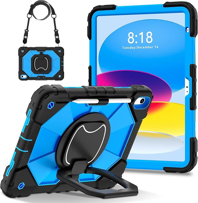 Case for iPad (A16) 11th/10th Gen 11''/10.9'' 2025/2022 with 360° Rotating Stand Screen Protector Shoulder Strap &amp Pencil Holder﻿ (Black-Blue)