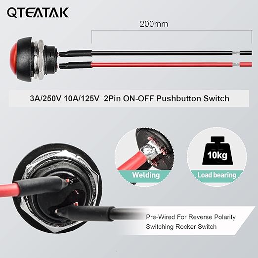 QTEATAK 1/2"(12mm) Pre-Wired Mounting Hole On/Off Red Mini Round Waterproof Momentary Push Button Switch JF-33B -2Pack