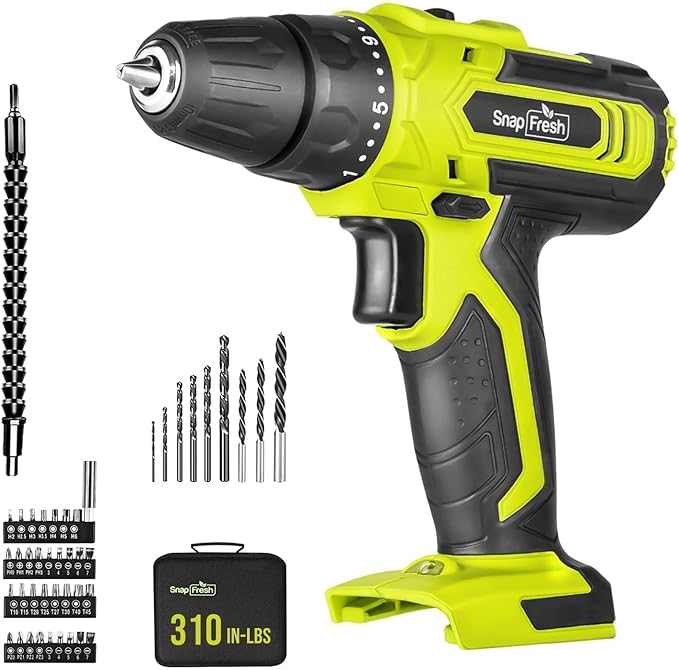 SnapFresh Cordless Drill, 20V Power Drill Set with 2 Variable Speed, 21+1 Torque Setting, Lightweight, LED, 43pcs Drill Bits, Impact Drill Set for Home, DIY (Battery & Charger Not Included)