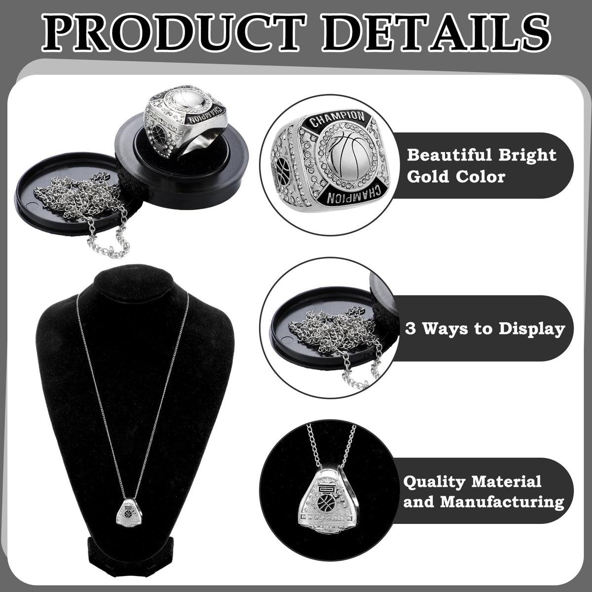 Remuuly 6 Pcs Basketball Championship Rings Basketball Champion Trophy Rings Award Gift Prize with Display Neck Chain and Stand for Tournament or Champion Winner(Gold)