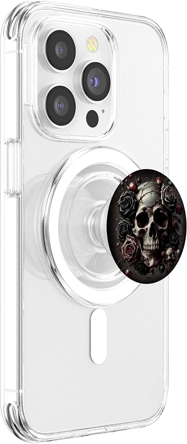 Skull and Roses Floral Black Dark Goth Horror Skull PopSockets PopGrip for MagSafe