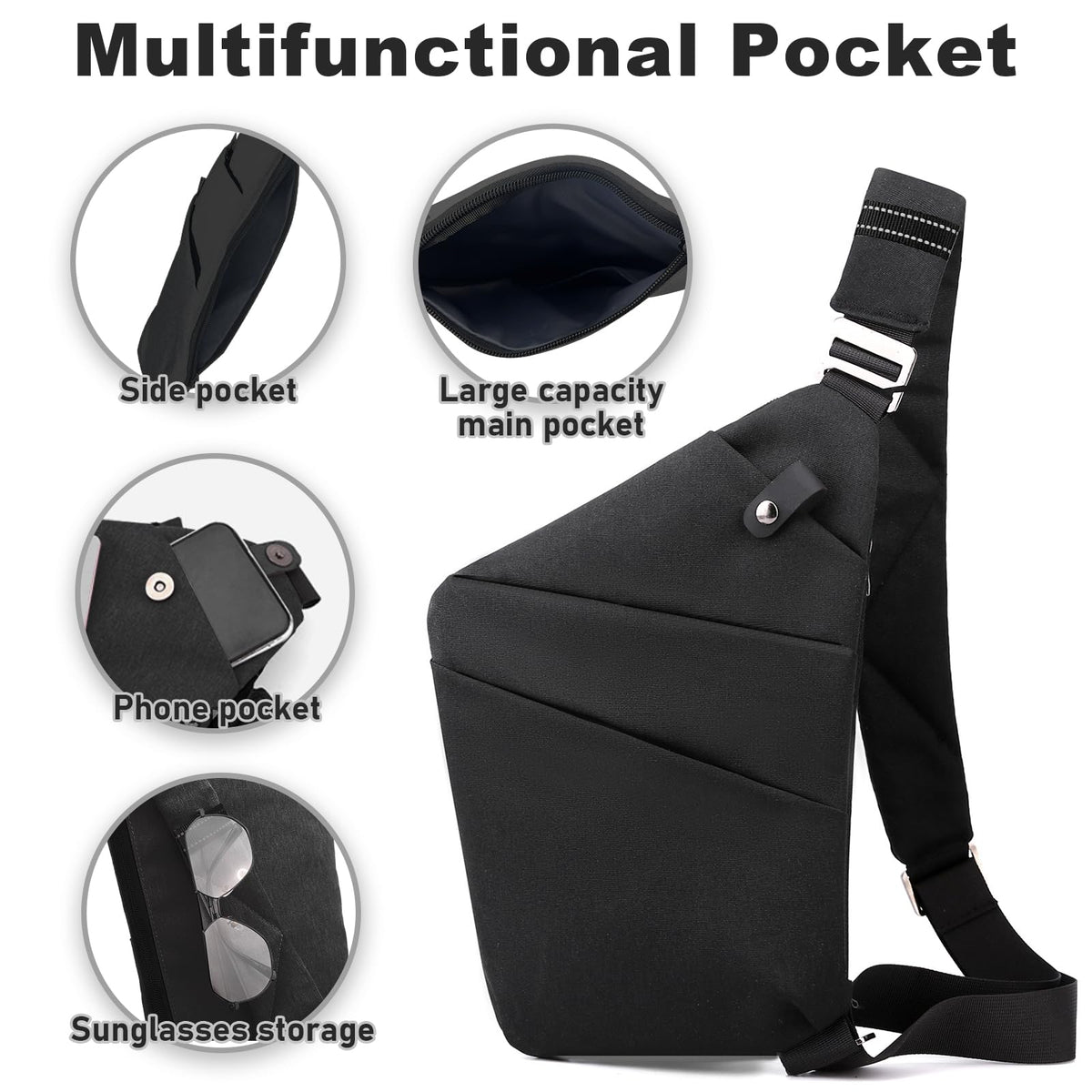 Anti Theft Travel Bag Sling Cross-body Bag Large Capacity (Right, Black)