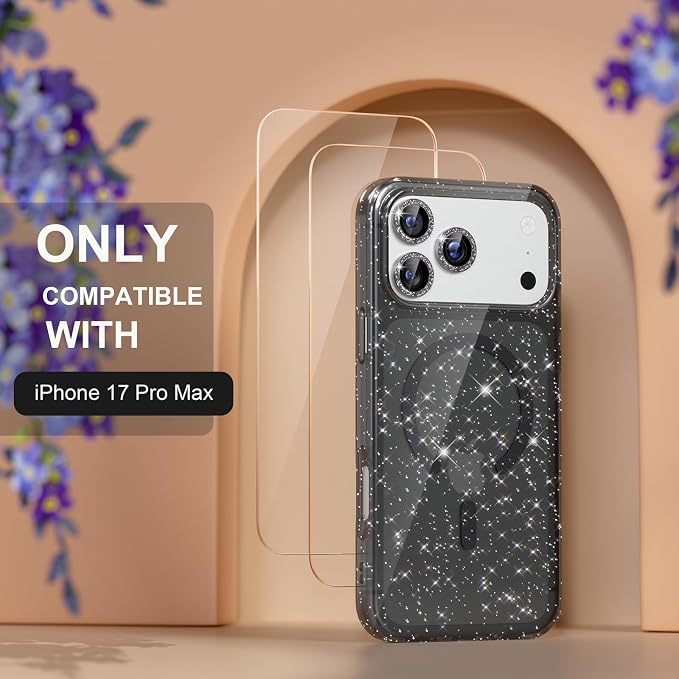 Choiche for iPhone 15 Pro Max Case Compatible with MagSafe Glitter Black | Women Girly Cute Glitter Sparkly Magnetic Phone Case with Diamond Camera Lens Protectors Military-Grade Drop Protection 6.7