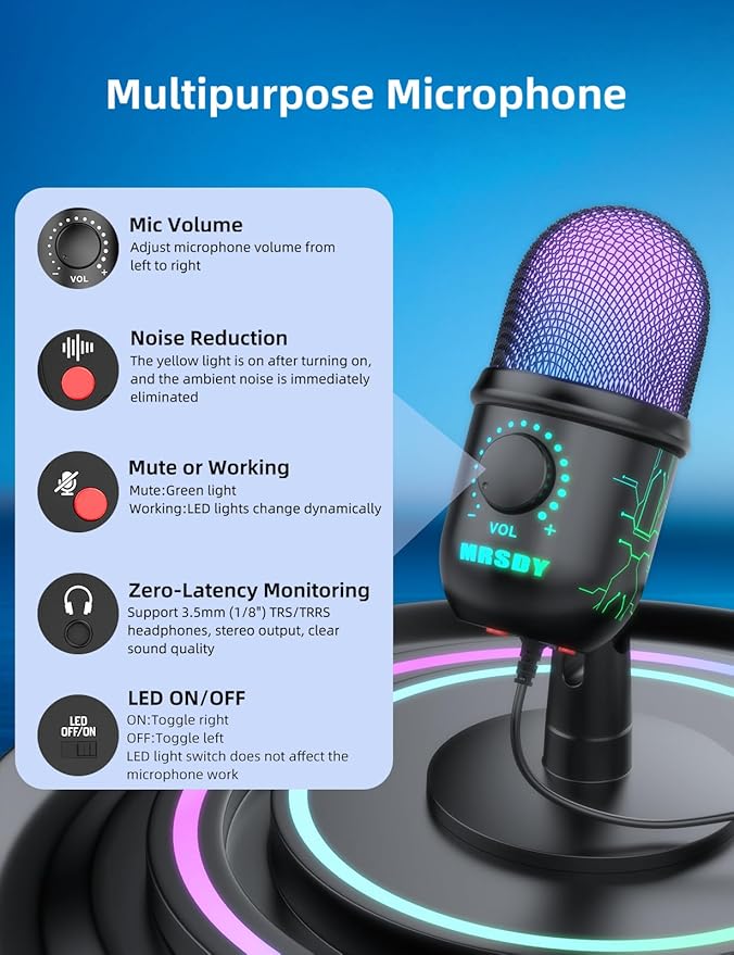 Gaming Microphone, USB Computer Microphone for PC, Mac, PS4/5, Condenser Podcast Mic for Studio Recording, YouTube, Streaming, with Headphone Jack, Led Light, Mute, Gain, Noise Cancellation
