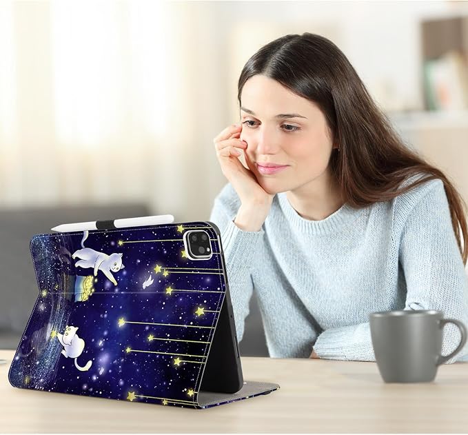 Vimorco for iPad Pro 11-inch Case M5/M4 2025/2024 for iPad Pro Case 11 Inch M5/M4 Pencil Holder/Hand Strap/Pocket/Screen Protection Band 3 Adjustable Angles Auto Sleep/Wake Beach Blue Ocean