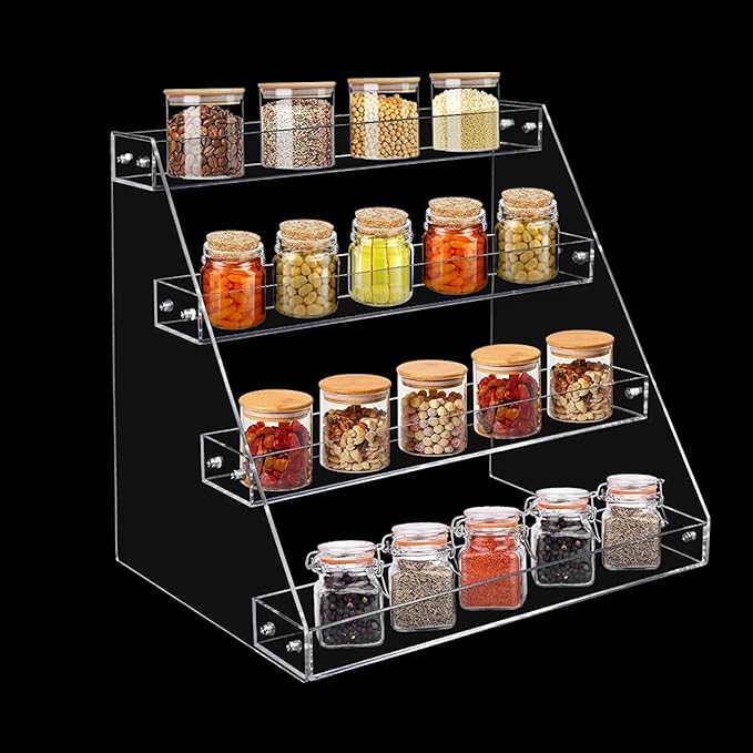 PMMASTO Tiered Spice Rack, Seasoning Organizer, Clear Acrylic Vertical Shelves Can Organizer for Countertop, Cabinet, Pantry, Kitchen Organization and Storage - 4 Tier