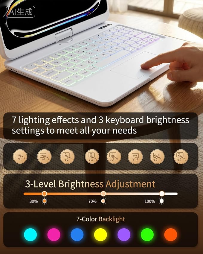 360°Rotation Bluetooth Keyboard Case for iPad 11th Gen（A16）10th 10.9 inch | iPad keyboard case 11/10th generationTouchpadKeyboard Battery Level Visualization360° rotateand 180° flip7-color backlit