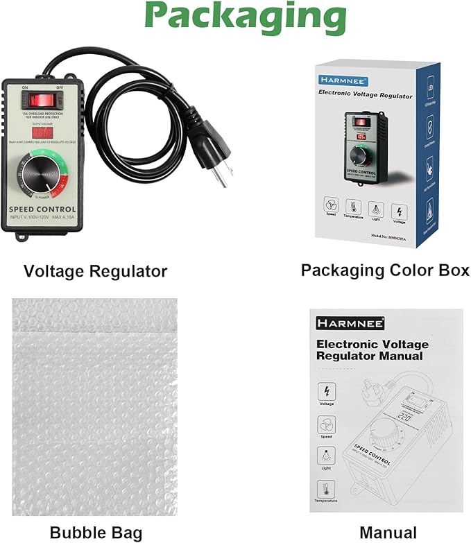 AC Motor Speed Controller 110-120V / 15A Max / 10A Rated Variable Fan Speed Controller AC Electronic Voltage Regulator with Overload Protection Switch & Voltage LED Display Screen