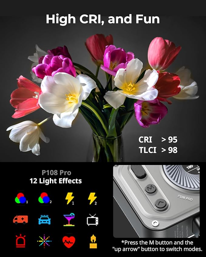 SMALLRIG Vibe P108 Pro RGB Video Light, Portable Led Camera Light for Photography, Cold Shoe Light, CRI95+, 2500-6500K, 12 Effects, Fill Light Accessories for Content Creator, Streaming