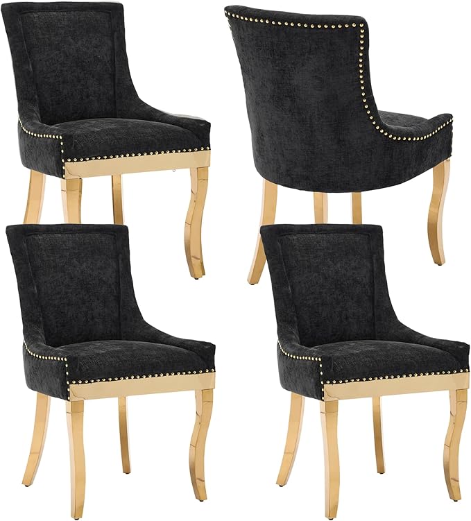 Luxury Fabirc Upholstered Dining Chairs Set of 4,Neutral Chenille Kitchen Room Chair with Nailhead Trim,4 Piece Modern Side Chairs for Dining Room,Living Room,Bar (Black-Gold, Set of 4)
