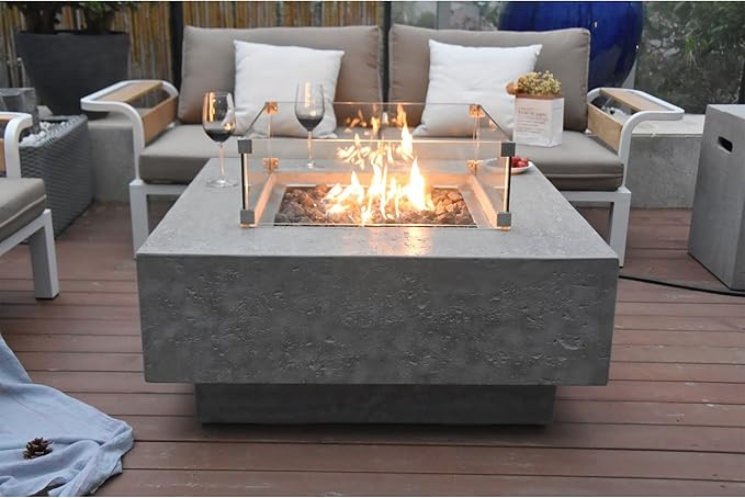 Elementi Manhattan Concrete Fire Pit 36" x 36" Outdoor Patio Firepit Includes Lava Rocks Modern Fire Pits & Outdoor Fireplaces for Garden, Deck, Indoor & Outdoor Heating