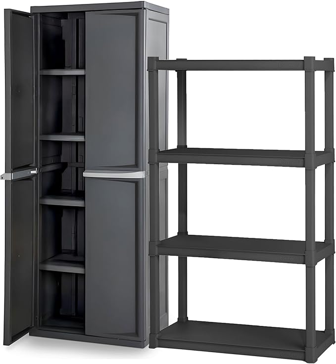 Sterilite 4 Shelf Plastic Storage Unit Bundled with Easy to Assemble Storage Cabinet for Garage, Pantry & Kitchen Organization, 4 Shelves, Gray