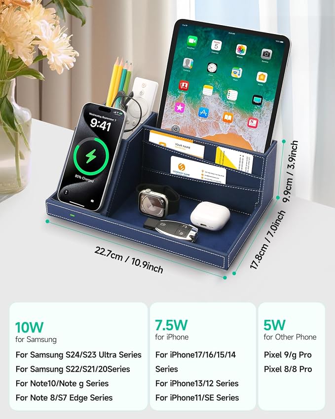 Fast Wireless Charging Station with Desk Organizer for iPhone 17/16/15/15 Pro/14/14 Pro Max/14 Pro/14 Plus/13/13 Pro Max/13 Pro/and iPhone 12/11 Series Nightstand Desktop Organizer for Home Office