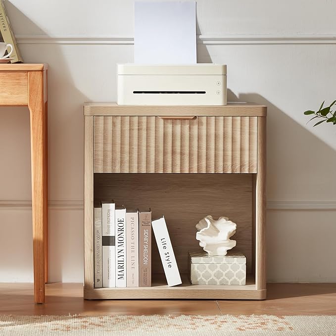 LEYAOYAO Fluted Nightstand with Charging Station, 23" Wide 1 Drawers End Table,Natural Night Stand with Open Storage Cabinet, Farmhouse Bed Side Tables, Wood Dresser for Bedroom, Living Room, Closet