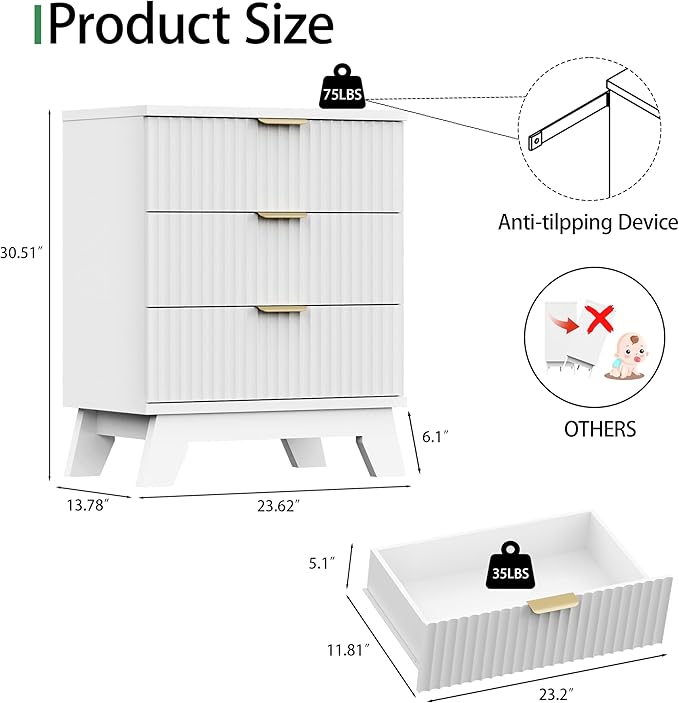 Fluted Nightstand, 24" Wide Side Table with 3 Large Storage Drawers, Mid Century Modern Wood Night Stand with Metal Handle, Wooden Bedside End Table for Bedroom, Living Room, Closet, White