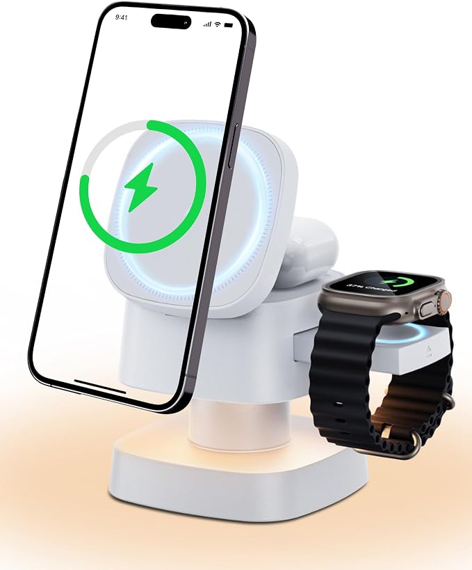 4-in-1 Wireless Charging Station 15W Fast Charging with Adjustable Night Light Multi Device Charging Station Compatible with iPhone 15/14/13/12 Series Apple Watch AirPods – Black