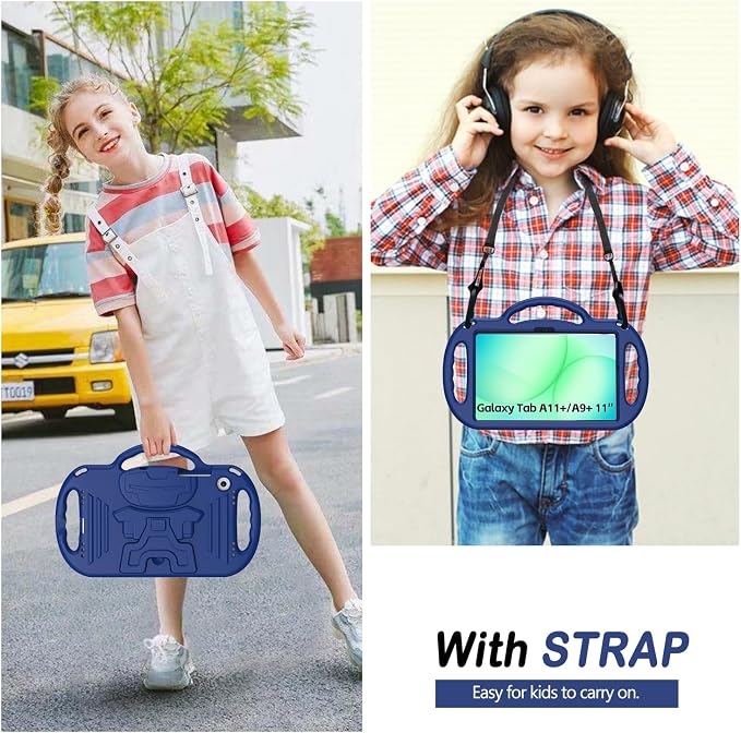 Kids Case for Samsung Galaxy Tab A11+ Plus/A9+ Plus 11 Inch Case with Strap Shockproof Lightweight Handle Stand 2025/2023 Model with Lanyard Black