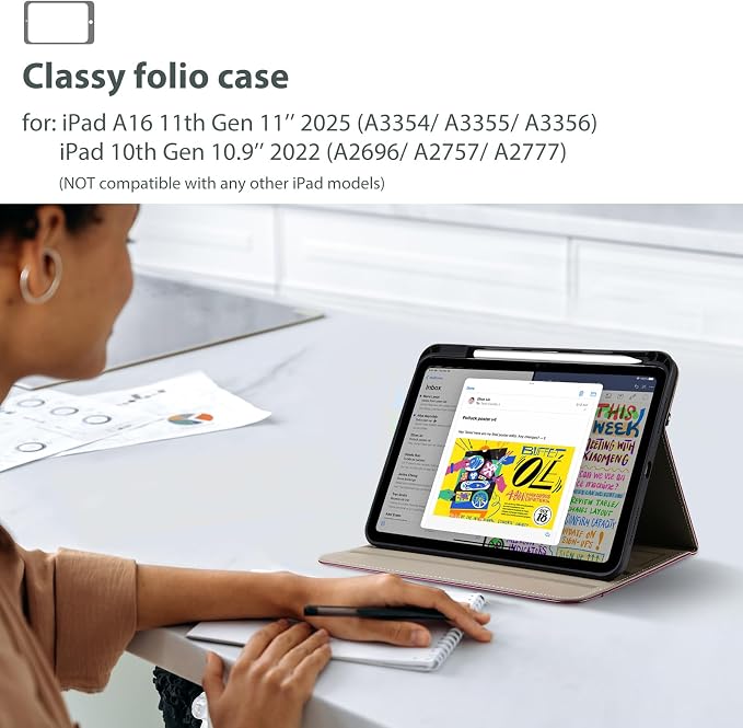ProCase for iPad A16 11th Generation 11” 2025/iPad 10th Generation 10.9” 2022 with Pencil Holder iPad 11/10 PU Leather Case Business Stand Cover Smart Folio with Hand Strap Front Pocket -Berrypurple
