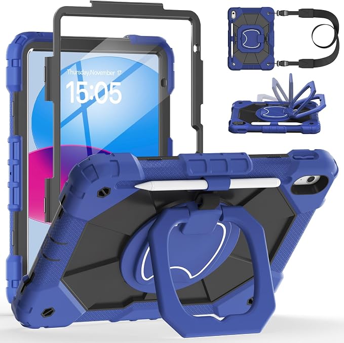 Case for iPad A16 11th/10th Generation 11/10.9 Inch 2025/2022 Dinines Full-Body Drop Protection Shockproof iPad a16 Case with Screen Protector 360° Rotating Stand Shoulder Strap Pencil Holder Black