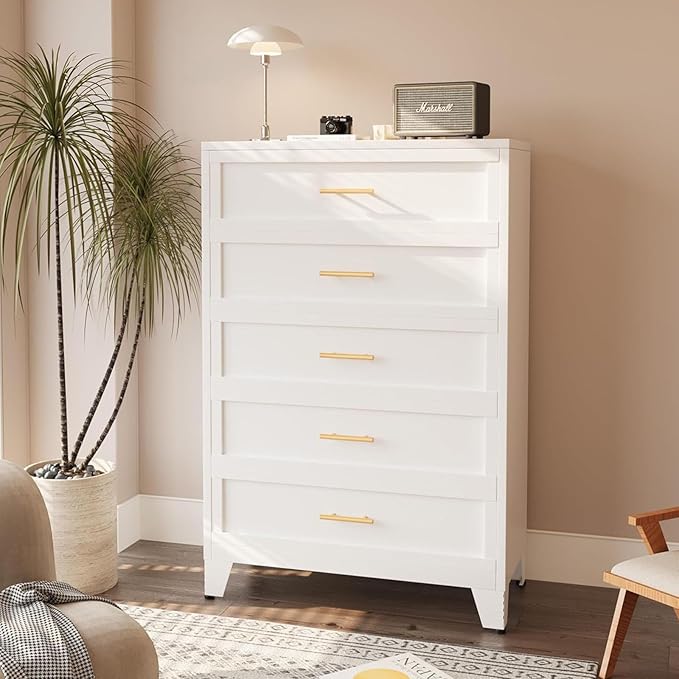 53.54" Tall Metal Dresser for Bedroom, 5 Drawer White Closet Dressers Chests, Modern Storage Organizer Unit, Large Storage Space Drawer Storage Cabinet for Living Room, Entryway, Hallway