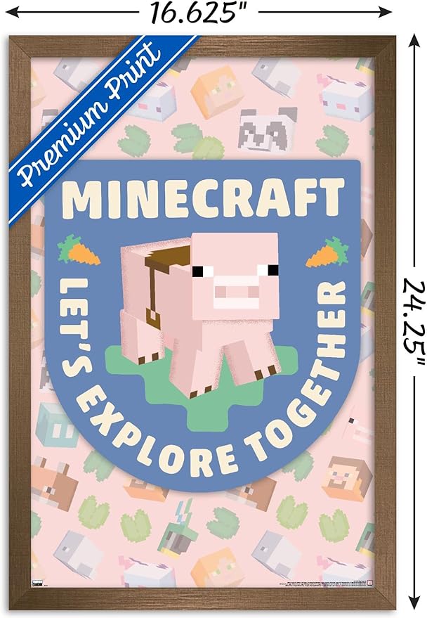 Trends International Minecraft - Let's Explore Together Wall Poster, 22.4L x 14.7W, Bronze Framed Version