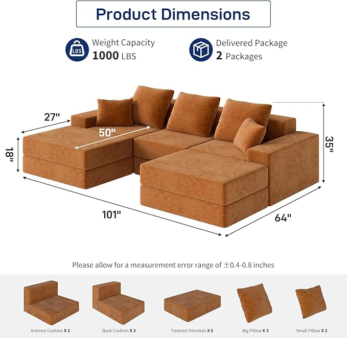 Living&Giving 101" U-Shaped Cloud Sectional Couch for Living Room, Cloud Boneless Couch-No Assembly with Reversible Chaise, Customizable 3-Seat Modular Sectional Sofa with 2 Ottoman, Orange