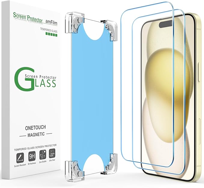 amFilm 2 Pack Magnetic OneTouch Compatible with iPhone 13 Pro Max 6.7/ iPhone 14 Plus 6.7 Screen Protector Tempered Glass Full Coverage with Easy Installation Kit (Magnetic &amp Reusable)