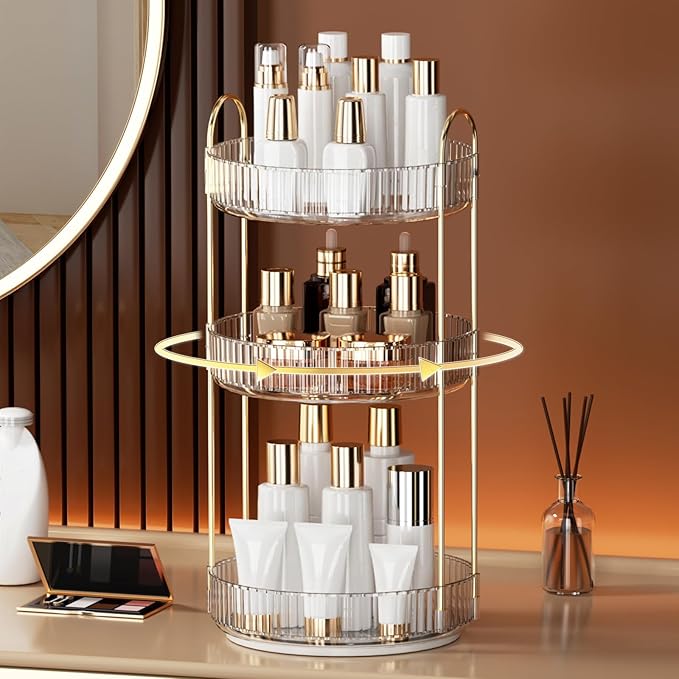 YCIA&DONE 360 Rotating Makeup Organizer and Storage for Vanity Countertop 3 Tiers, High Capacity Cosmetic Skincare Perfume Organizers for Dresser Bathroom Lazy Susan (Clear White)