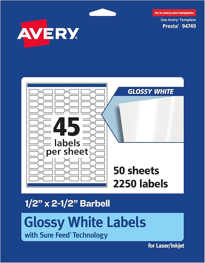 Avery Glossy White Barbell Labels, Sure Feed Technology, 0.5" x 2.5", 2,250 Glossy White Labels, Permanent Adhesive, Laser/Inkjet Printable