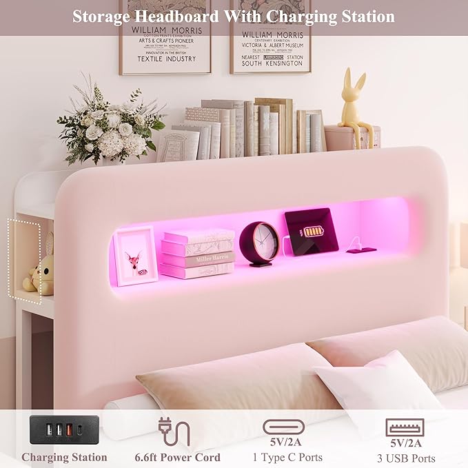HOSTACK Queen LED Bed Frame with Storage Headboard and Charging Station, Girls Bed Frame with 4 Drawers and USB Ports, Velvet Upholstered Platform Bed Frame with Bookcase, No Box Spring Needed, Pink