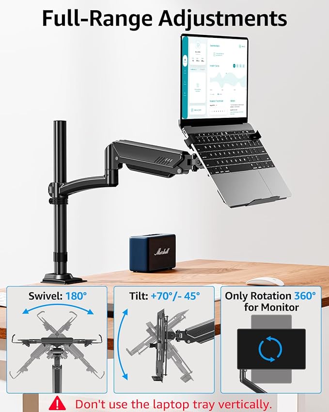 MOUNTUP Laptop Desk Mount, Adjustable Laptop Stand for max 17" Notebook or 32" Monitor, Laptops Arm Mount for Desk Holds 4.4-22lbs, Tall Laptops Stand with Clamp/Grommet