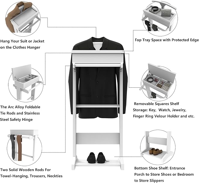 Mens Valet Stand with Top Tray Organizer, Shoe Shelf and Suit Rack, Wooden Clothes Valet Stand for Bedroom Entryway (White)