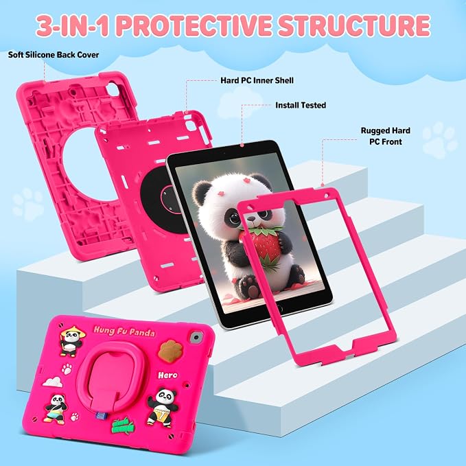 Case for iPad A16 11th Generation 11 Inch 2025 iPad 10th Generation 10.9 Inch 2022 Silicone 3D Panda Design Kids Case Heavy Duty Protection with Kickstand/Pencil Holder/Strap