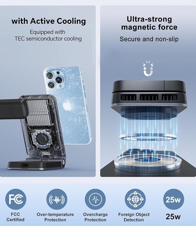 3 in 1 Wireless Charging Station with TEC Active Cooling | 25W Fast Charger for MagSafe Magnetic Foldable Charger Stand